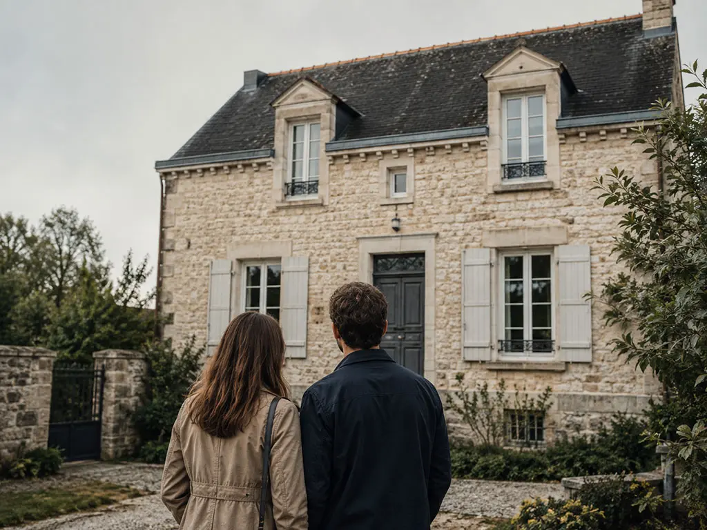 Futurs acheteurs devant la maison qu'ils envisagent d'acquérir