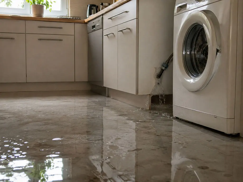 Sol de cuisine inondé après la rupture du flexible d'une machine