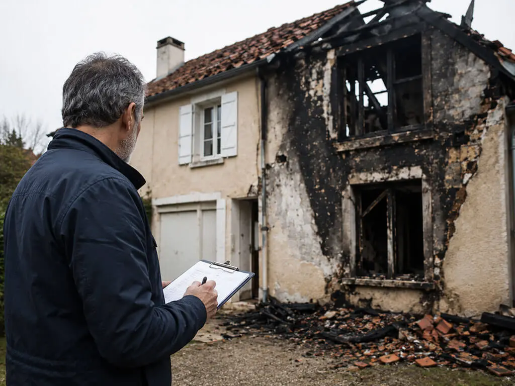 Expert évaluant une maison endommagée après sinistre