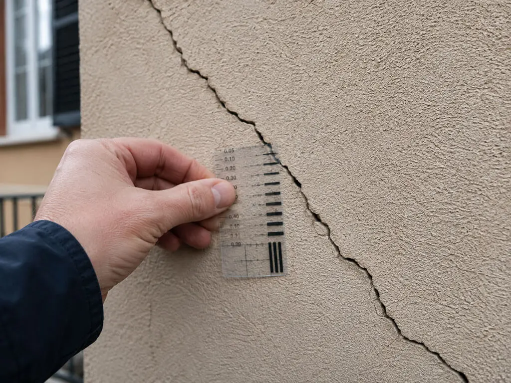 Expert mesurant une fissure sur une façade