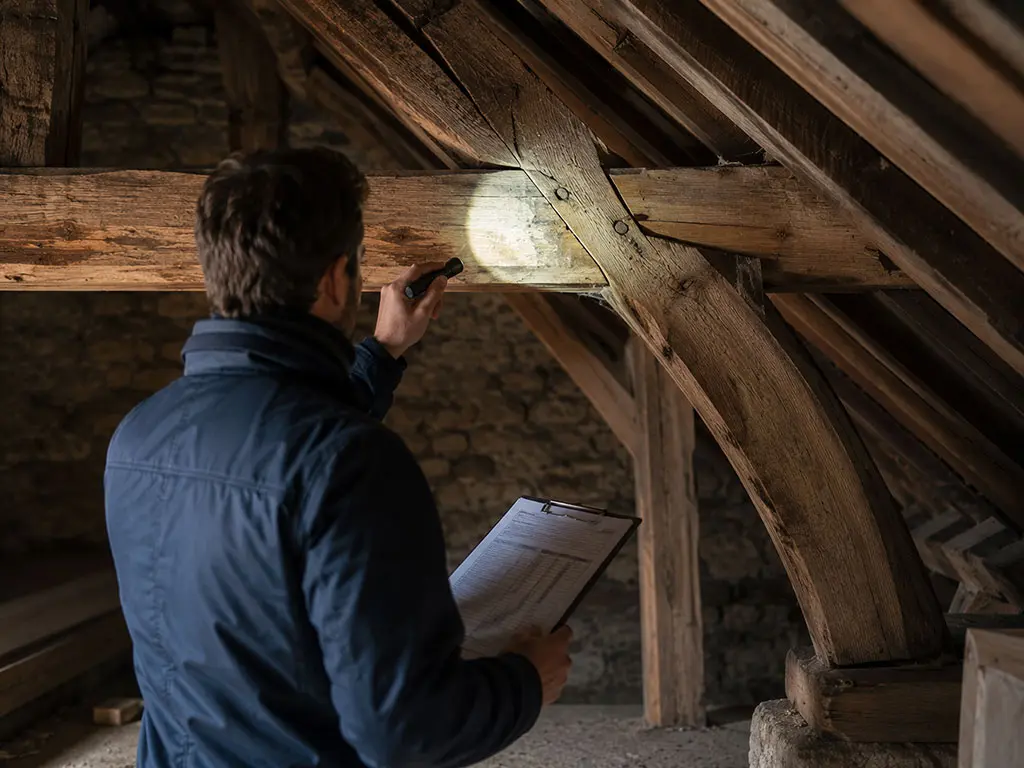 Inspection de la charpente dans les combles avant un achat
