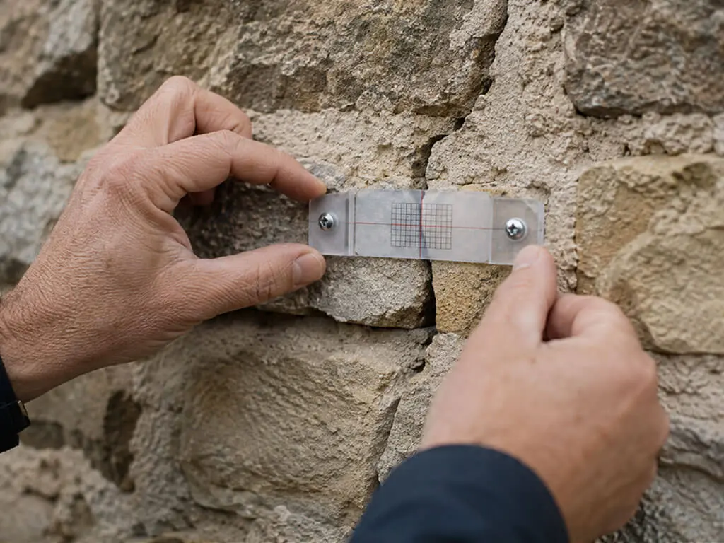 Pose d'un témoin de mesure sur la fissure d'un mur en pierre