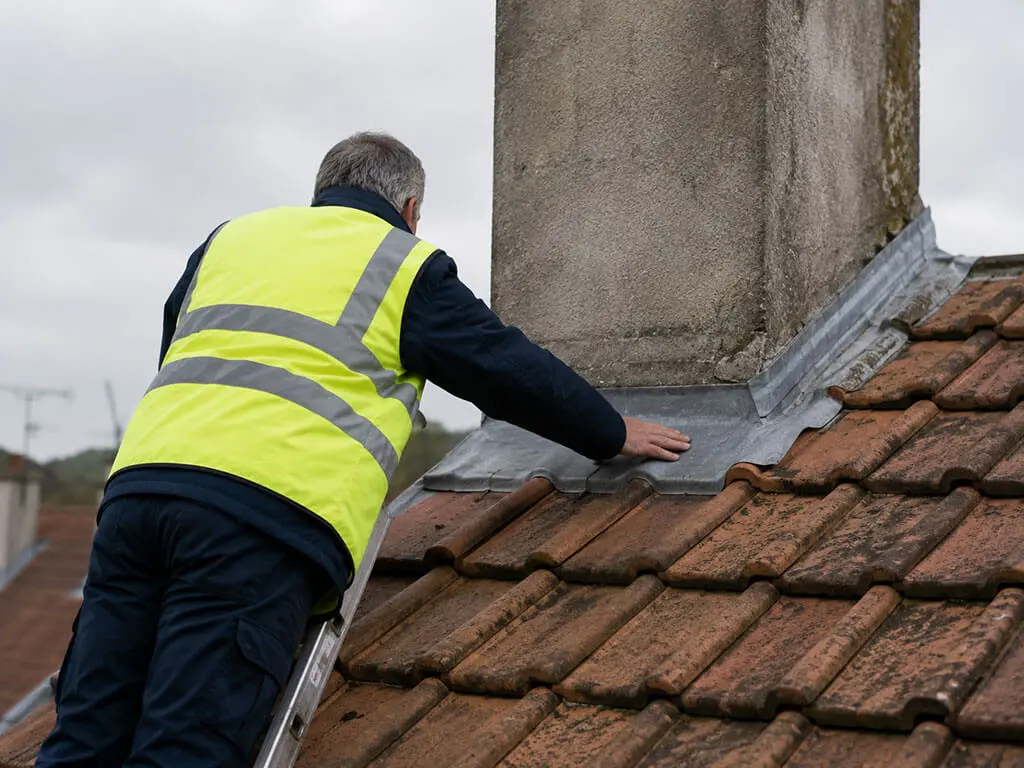 Inspection du solin d'une cheminée sur une toiture en tuiles