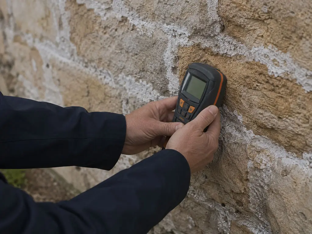 Mesure d'humidité sur un mur en pierre présentant du salpêtre