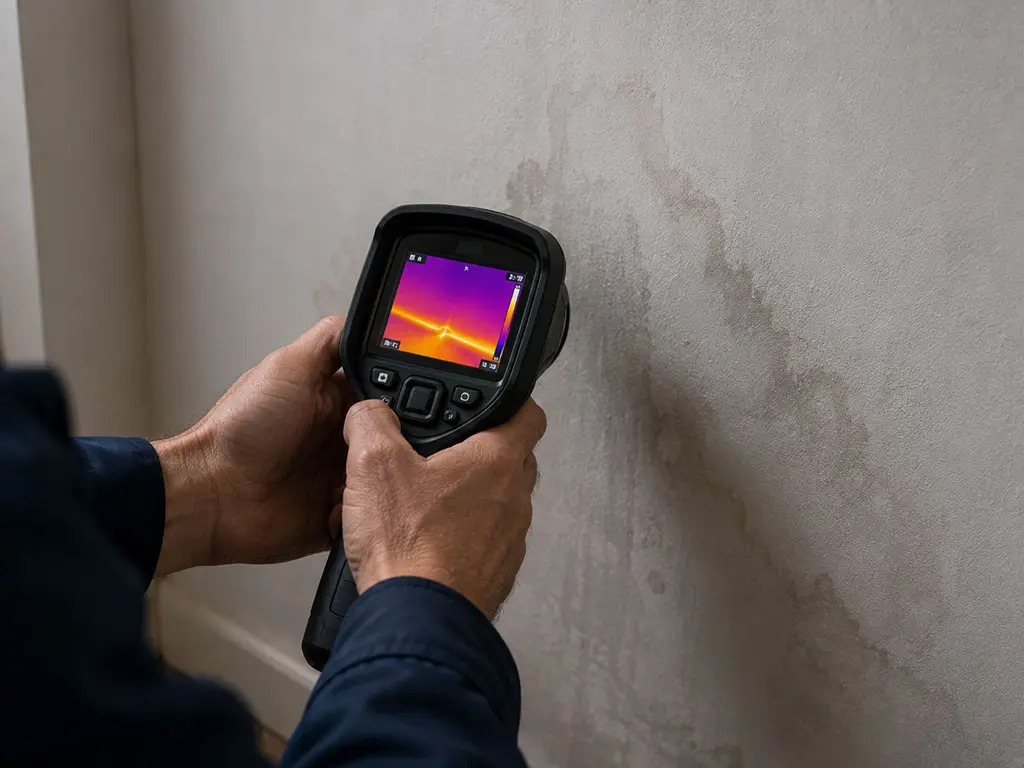 Recherche de fuite à la caméra thermique sur un mur intérieur