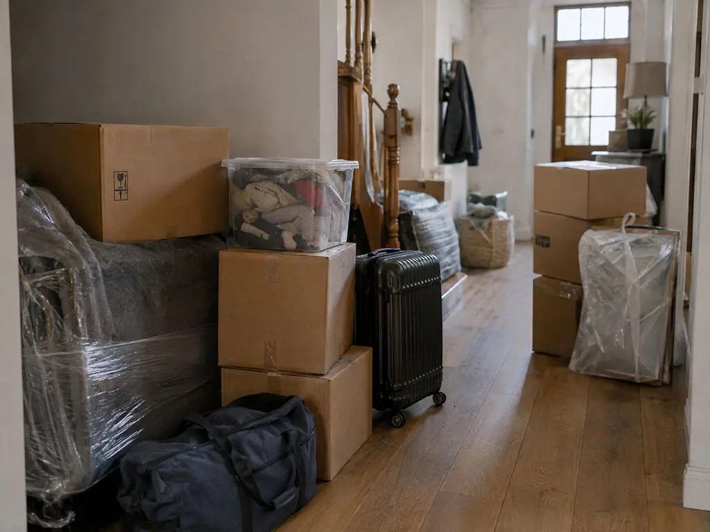 Cartons et affaires préparés pour un relogement après sinistre
