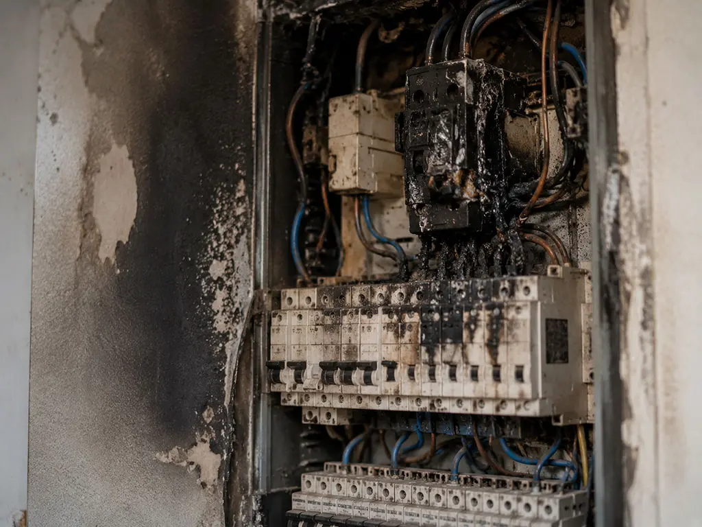 Tableau électrique endommagé, origine possible d'un incendie