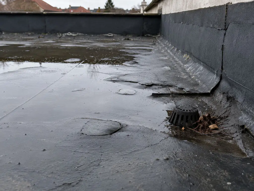 Étanchéité de terrasse vieillissante avec eau stagnante près de l'évacuation
